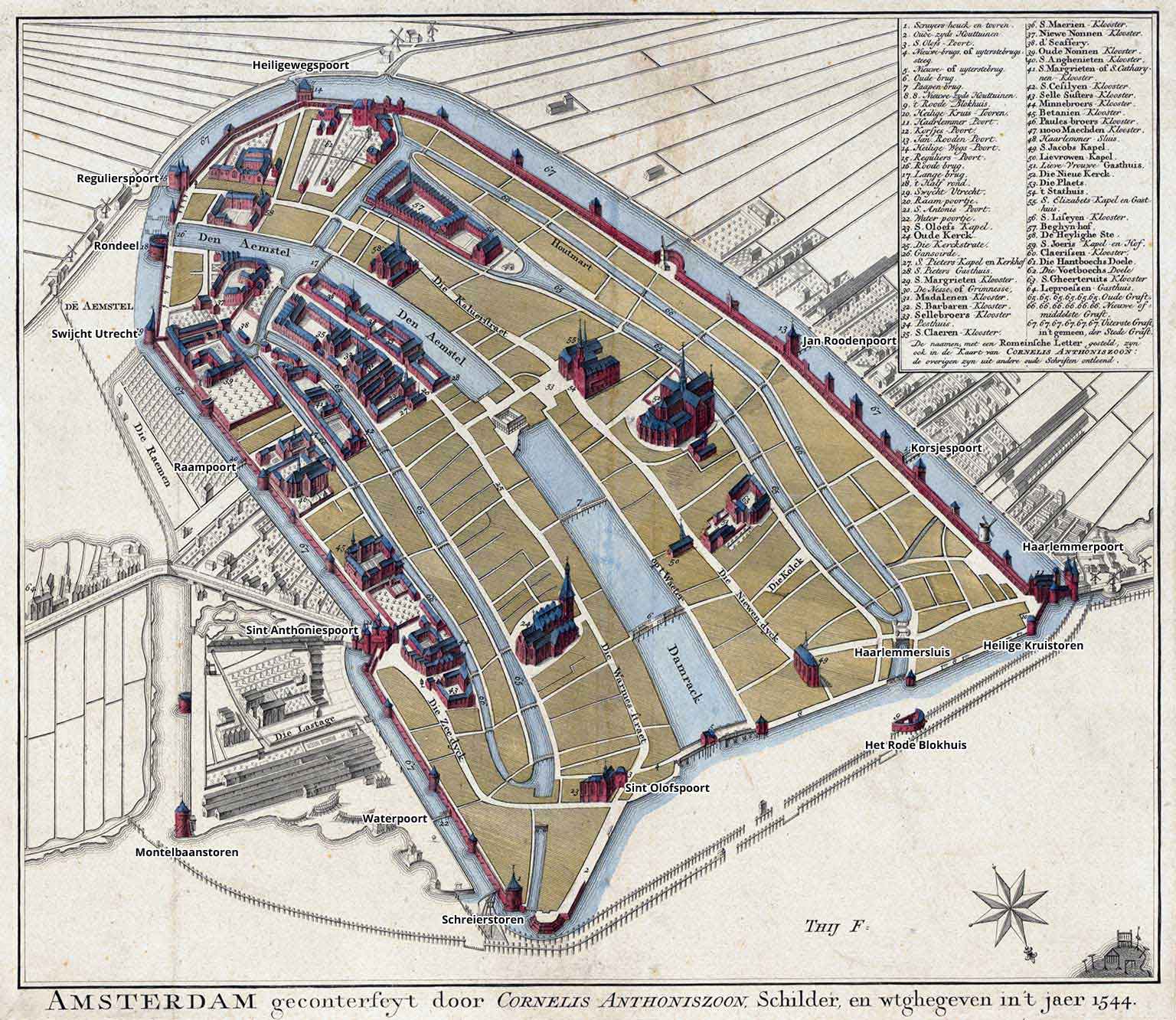 Map from 1544 by Cornelis Anthonisz showing churches and convents in Amsterdam within the walled in city