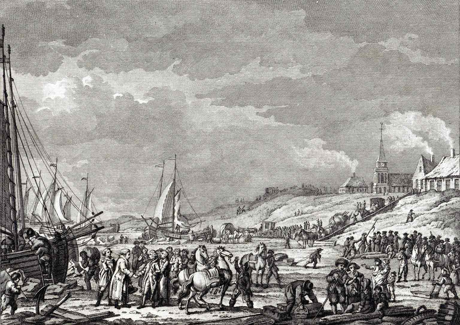 Stadhouder Willem V vlucht naar Engeland op 18 januari 1795, ets van Reinier Vinkeles