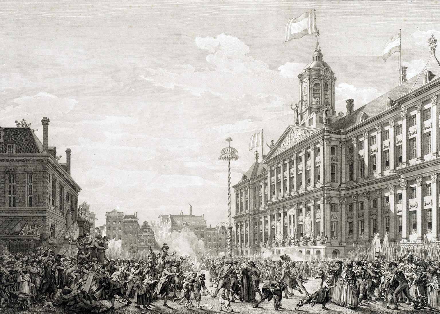 Festiviteiten op de Dam in 1795, ter viering van de alliantie tussen Frankrijk en de Bataafse Republiek