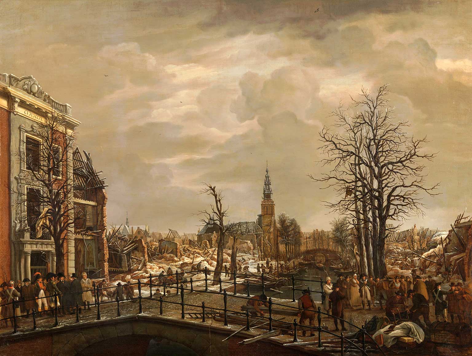 Rapenburg, Leiden, in 1807 na de ontploffing van het buskruitschip, schilderij van Carel Lodewijk Hansen