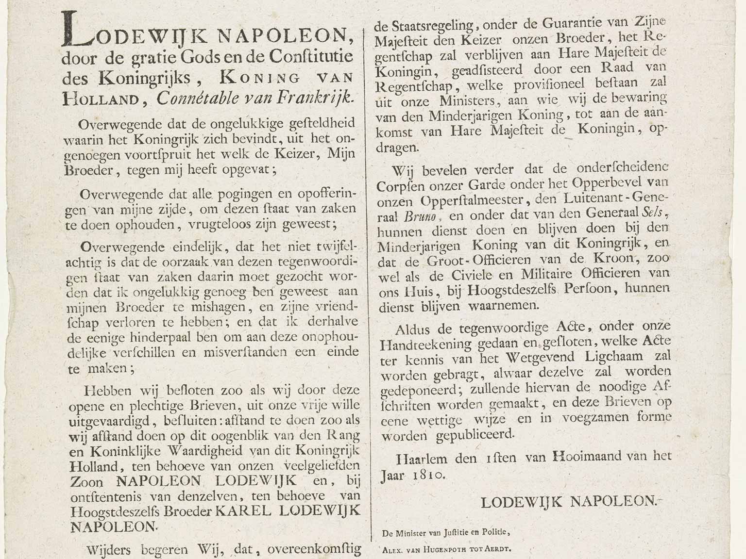 Part of the Act of Abdication of King Louis Napoleon of Holland, July 1st, 1810