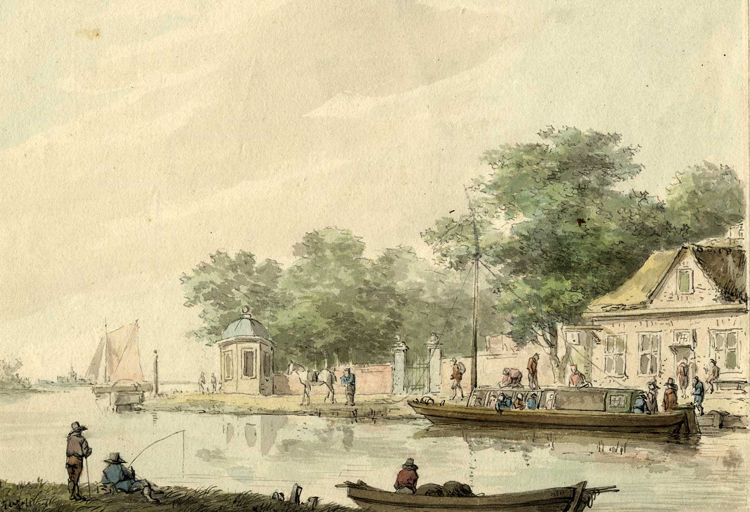 Draw barge in a river in Holland around 1750-1800