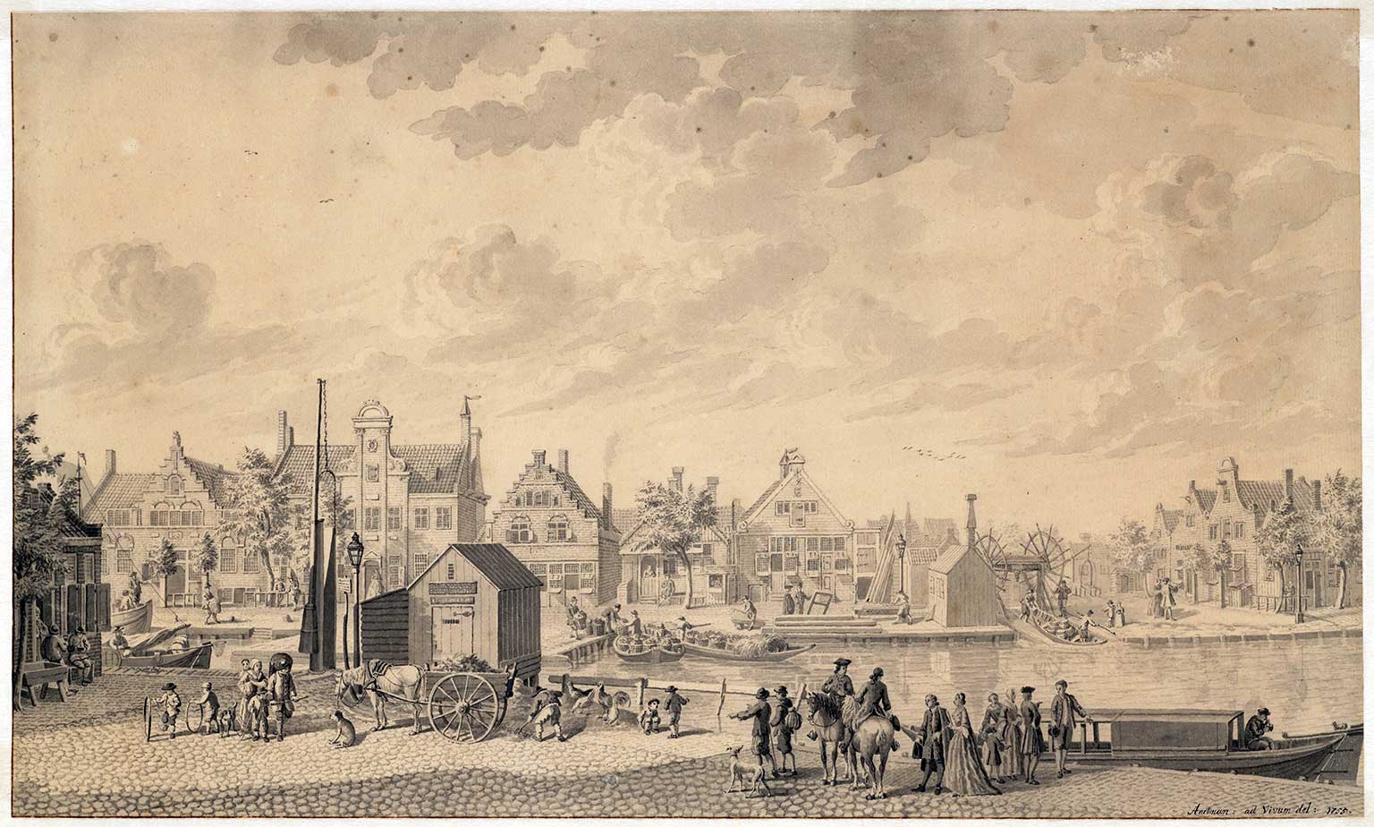 Engraving from 1755 showing the Sloterkade, Amsterdam, with Aalsmeerder Veerhuis 