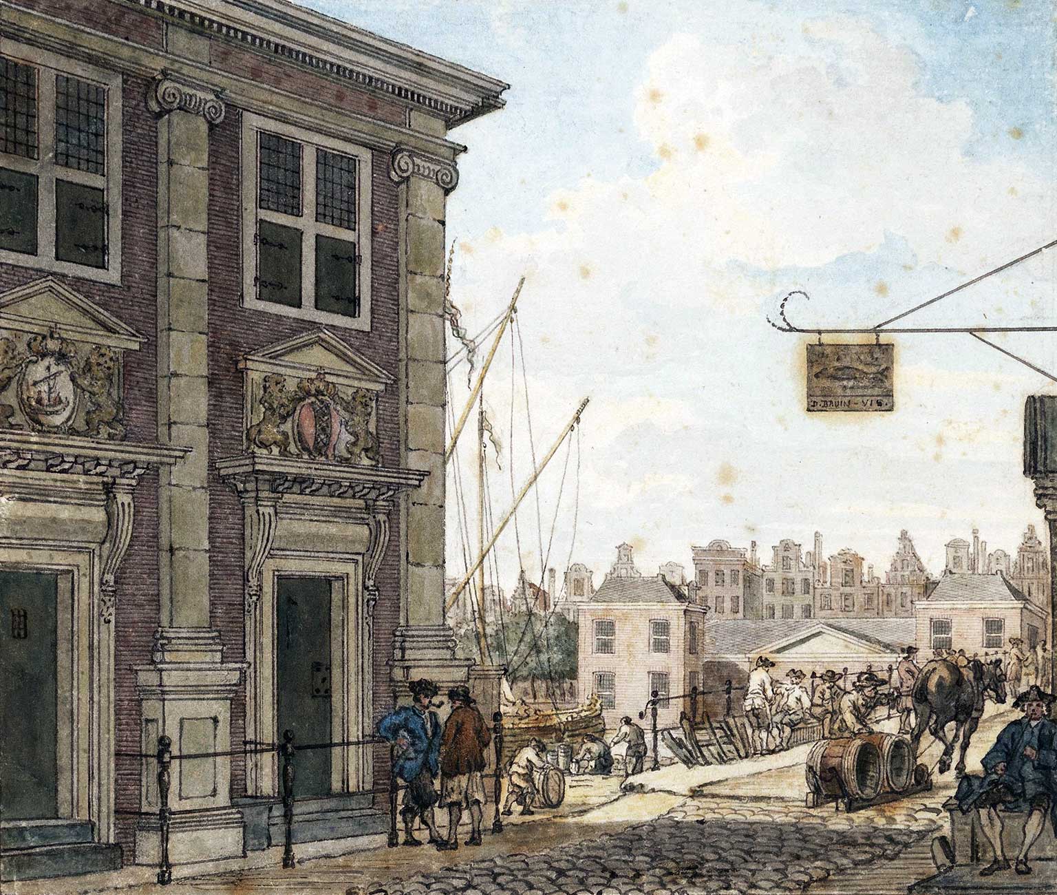 Accijnshuis, Amsterdam, in 1768, gezien vanaf de Oudebrugsteeg naar het Damrak