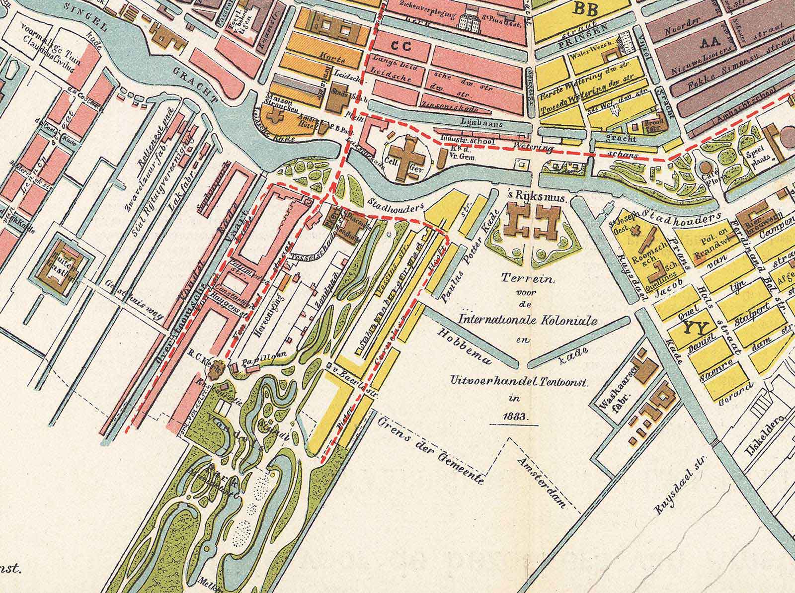 Kaart uit 1882 met de gemeentegrenzen tussen Amsterdam en Nieuwer-Amstel