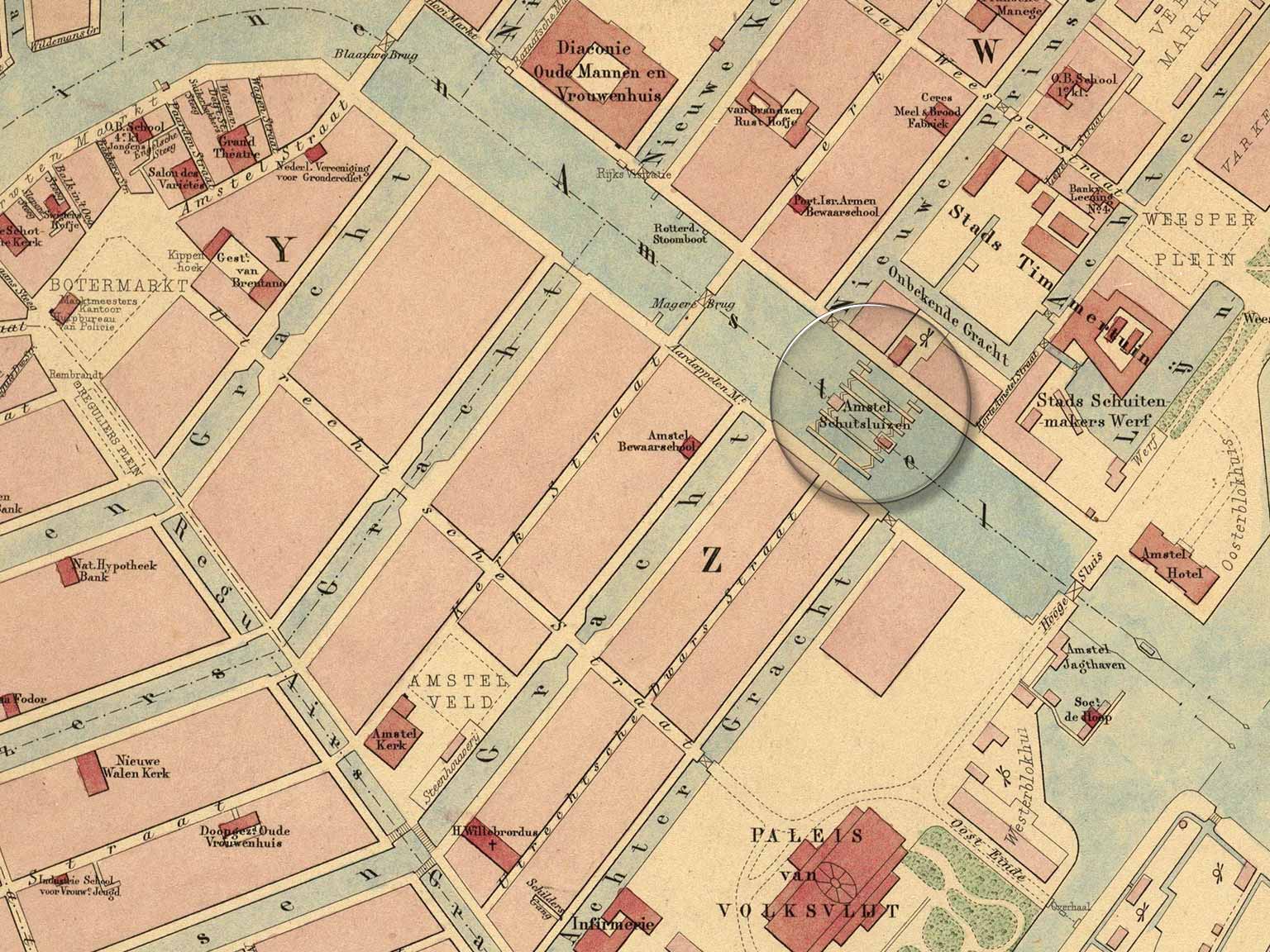 Amstelsluizen, Amsterdam, op een kaart uit 1882