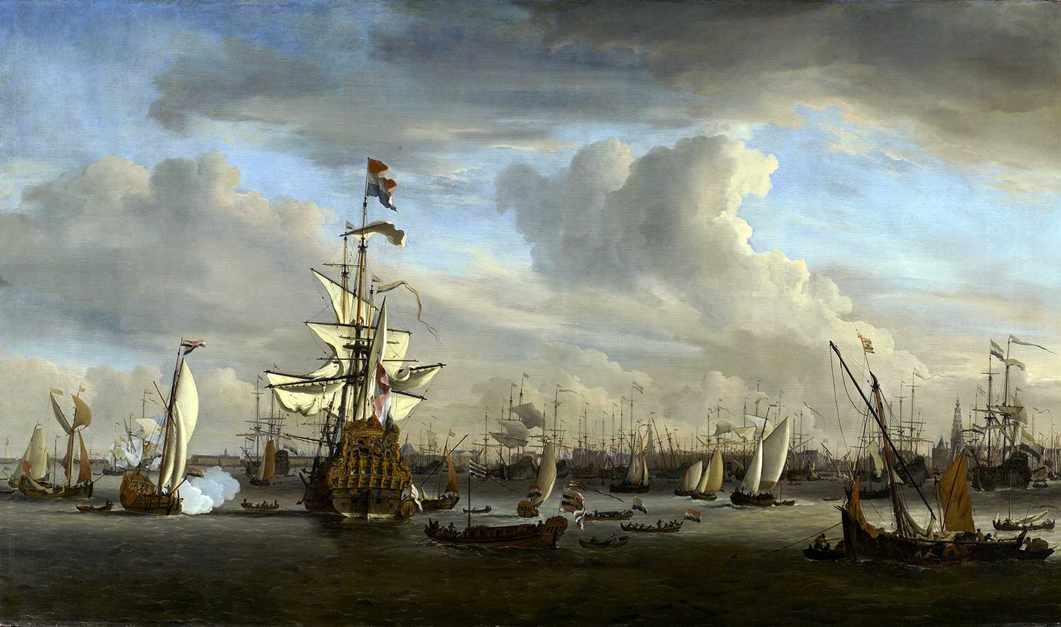 Vlaggeschip de Gouden Leeuw op het IJ, Amsterdam, in 1686, schilderij van Willem van de Velde