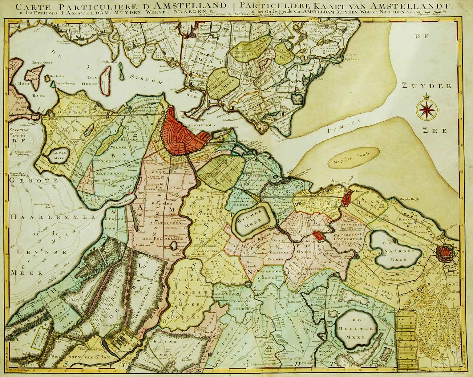 Kaart van Amstelland en de omgeving van Amsterdam van Covens & Mortier uit 1749