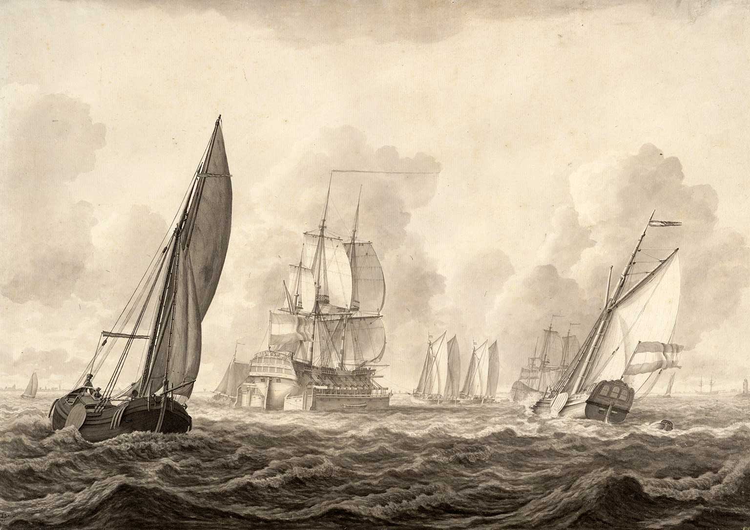 Gravure uit 1799, een schip in scheepskamelen wordt door Marker waterschepen de Amsterdamse haven ingesleept