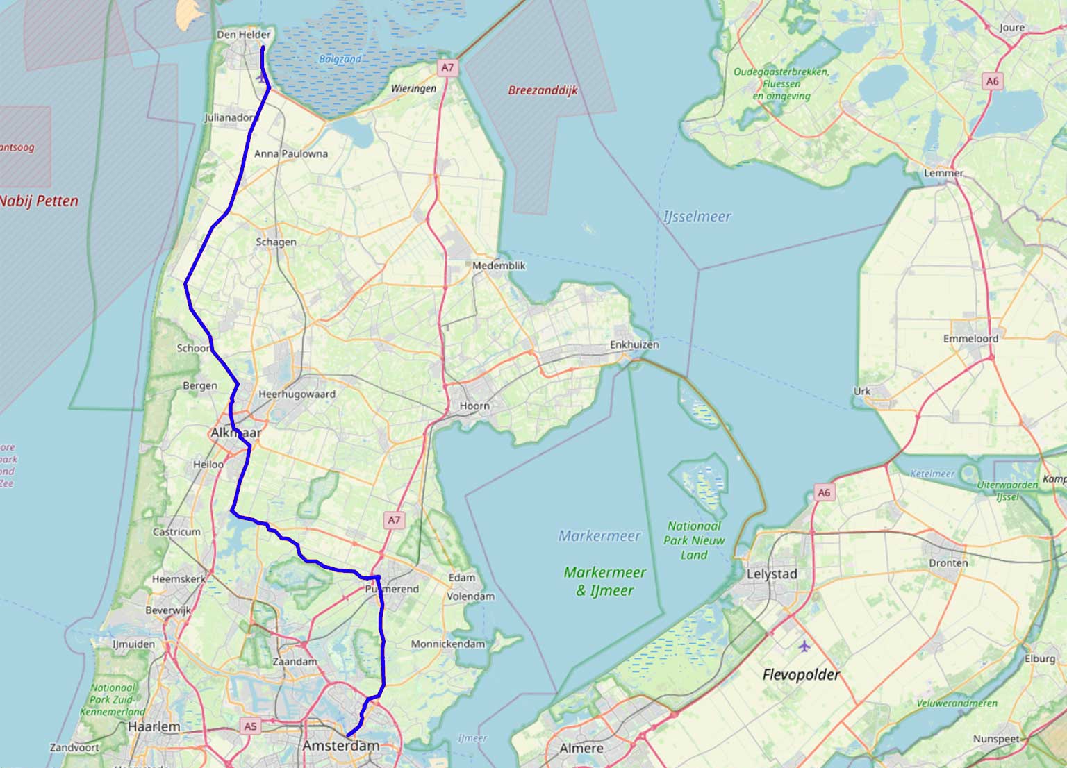 Kaart met het Noord-Hollandsch Kanaal tussen Amsterdam en Den Helder, Nederland