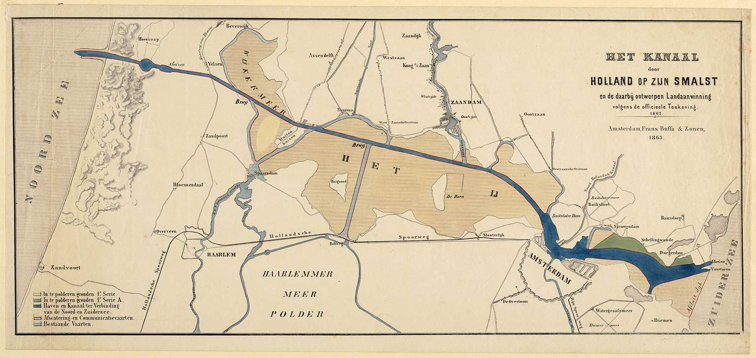 Tekening uit 1862 met daarop het Noordzeekanaal en de geplande inpoldering van de IJ-oevers, Nederland