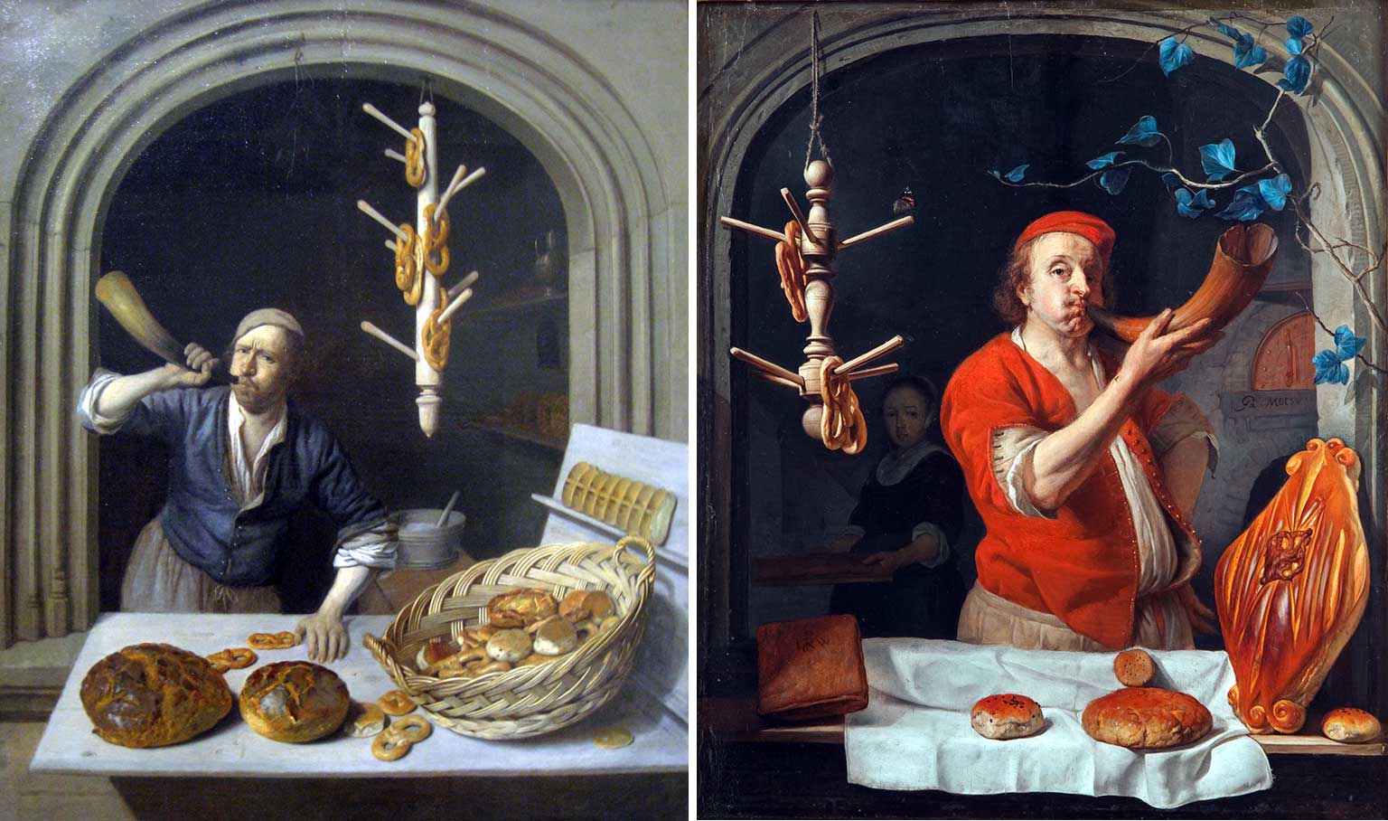 The Baker, painting by Job Adriaensz Berckheyde and Baker Blowing his Horn, painting by Gabriël Metsu