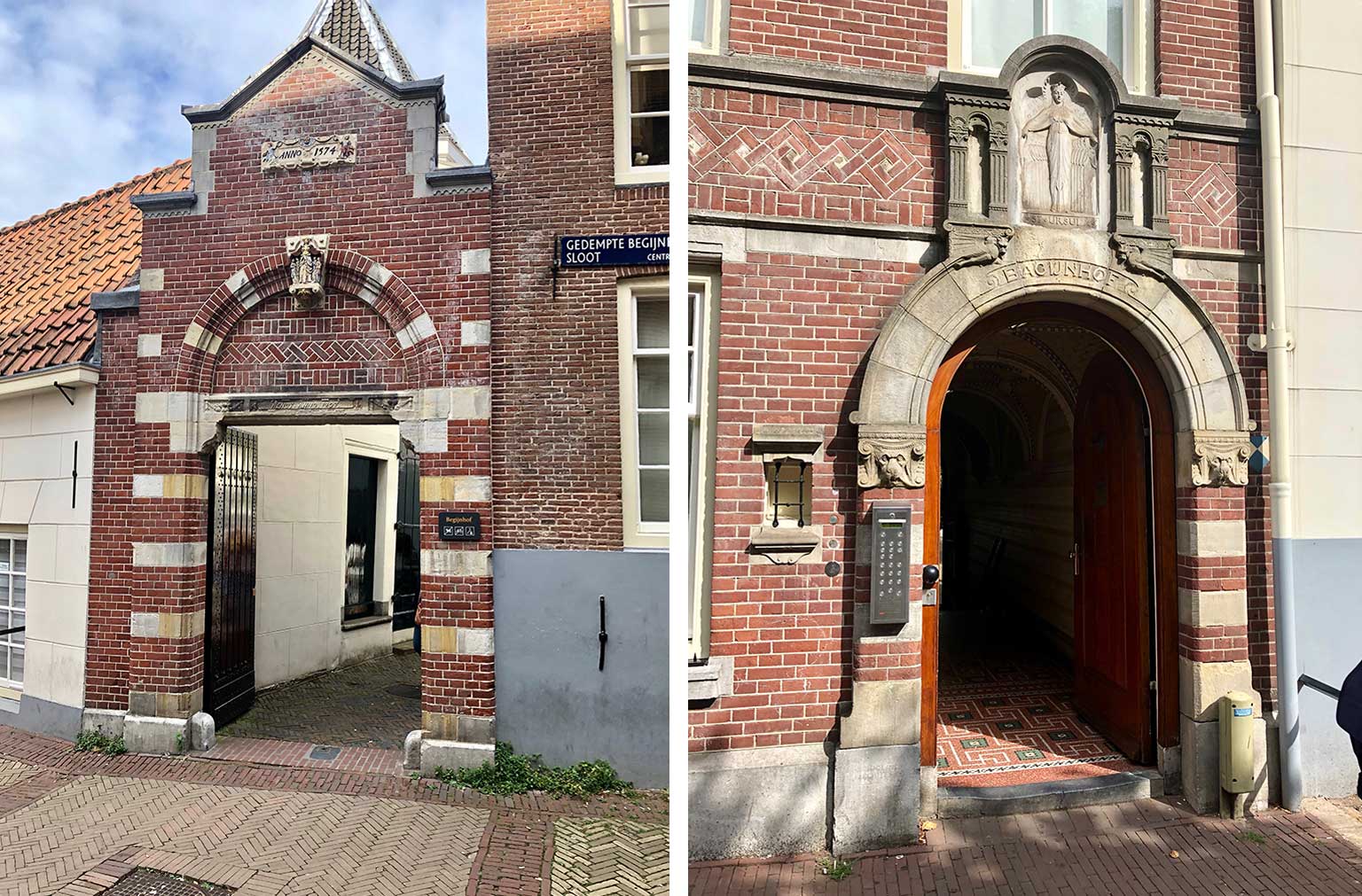 Links de Begijnhofpoort op de Gedempte Begijnen­sloot, rechts de toegang aan het Spui, Amsterdam
