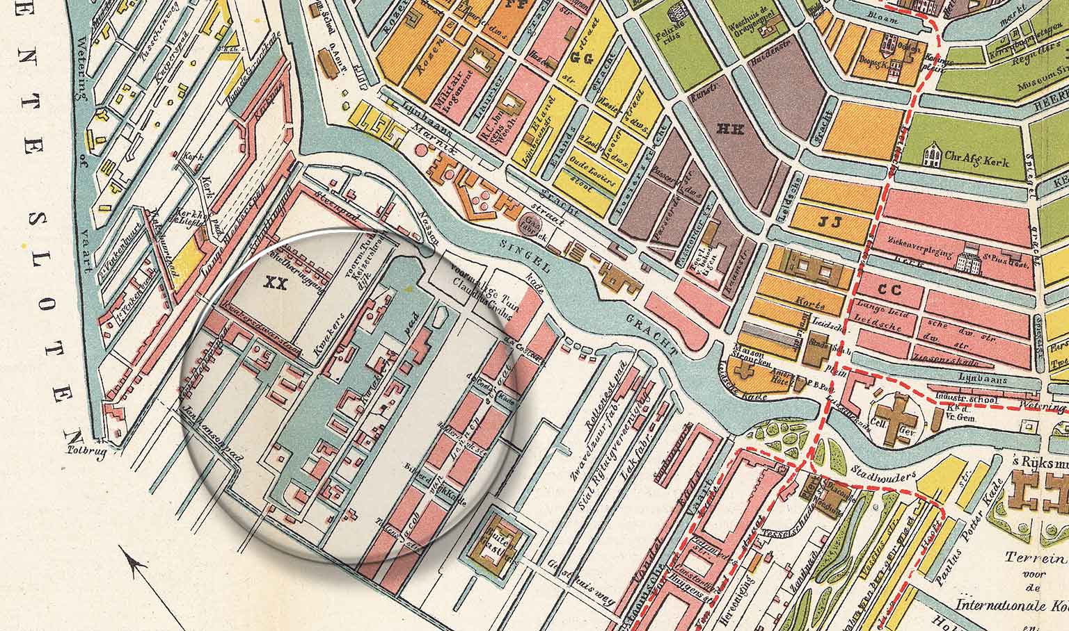 Kwakersdijk en Kwakerspad in Amsterdam, detail van een kaart uit 1882
