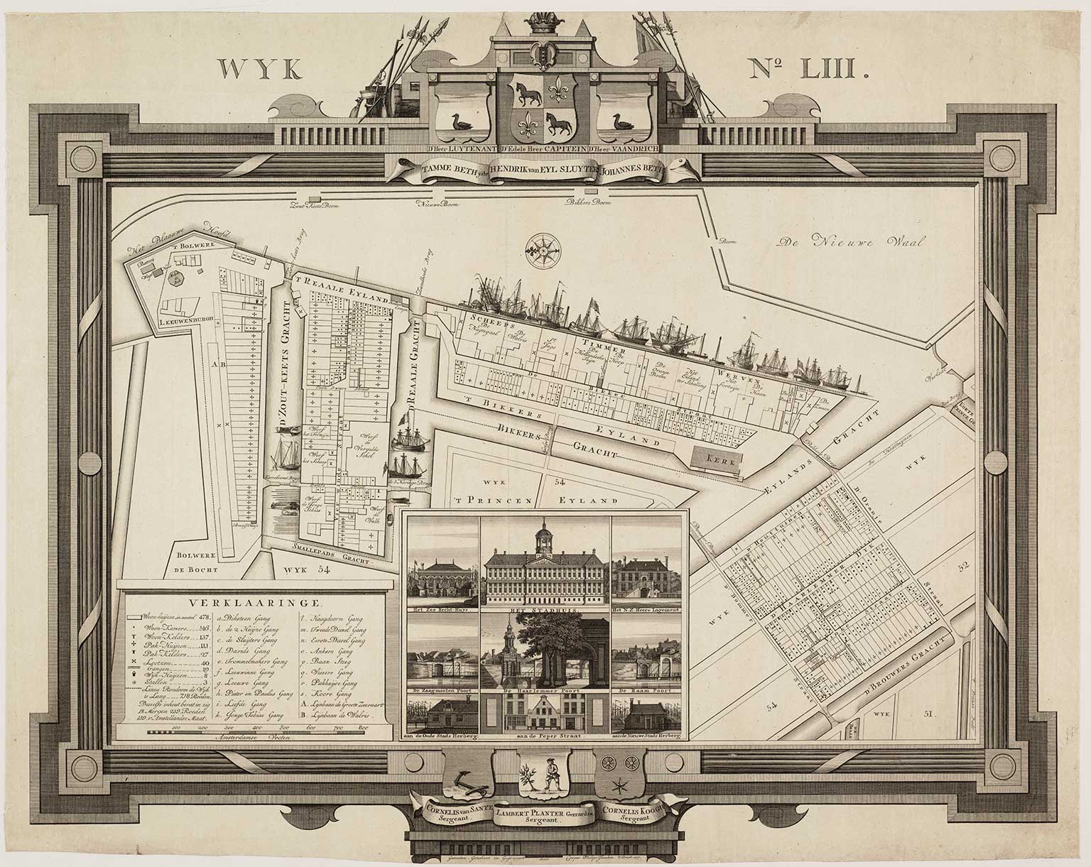 Map from 1777 showing the many shipyards owned by Bicker on Bickerseiland, Amsterdam