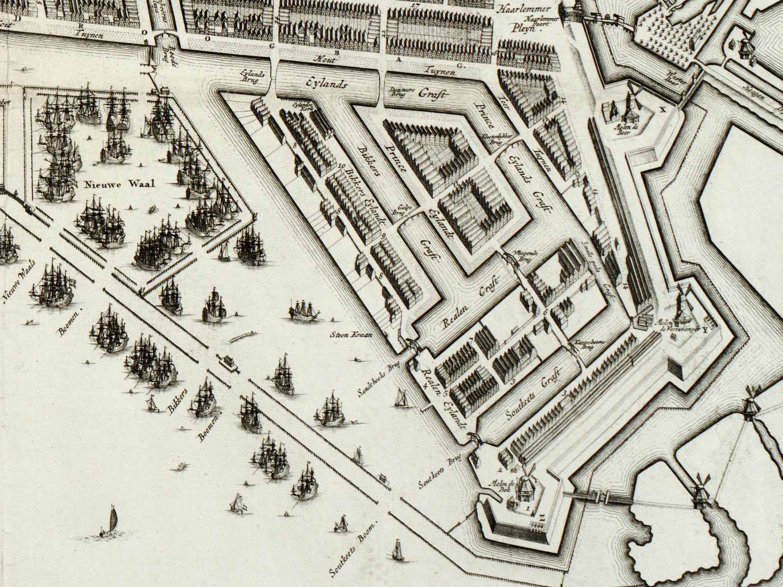 Westelijke Eilanden, Amsterdam, with the original bridges, map by Gerrit de Broen from 1737