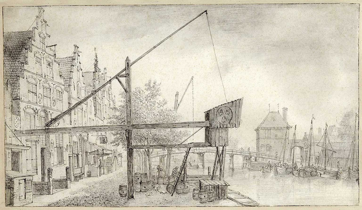 Beer pole in front of a brewery in Haarlem, drawing from 1660 by Anthonie Beerstraten