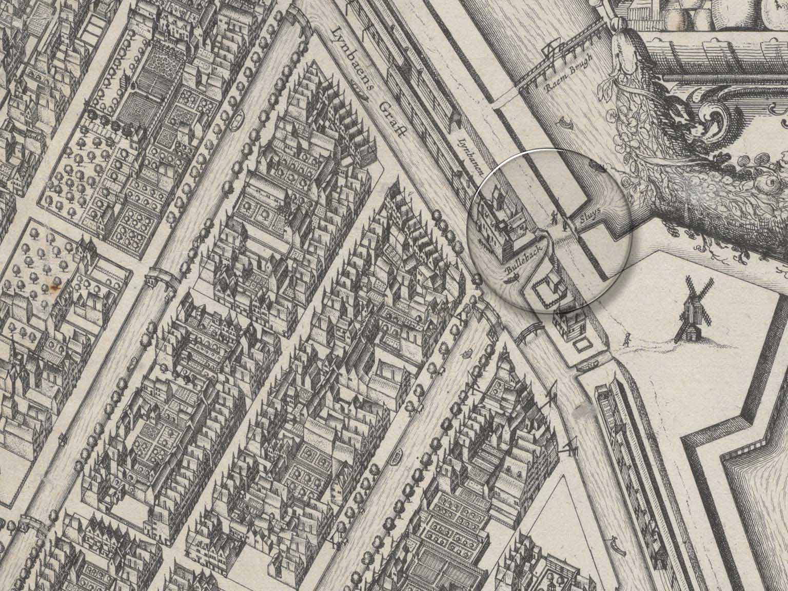 The old Bullebakssluis, Amsterdam, detail of a map from 1625 by Balthasar Florisz van Berckenrode