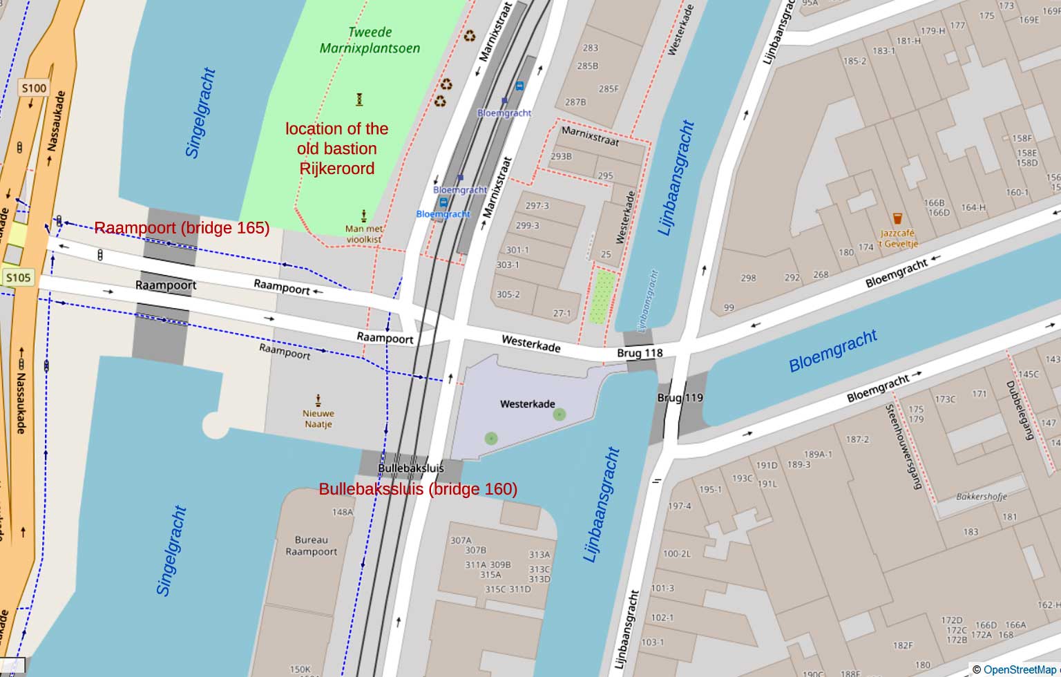 Annotated map of the area around Bullebakssluis and Raampoort bridge, Amsterdam 