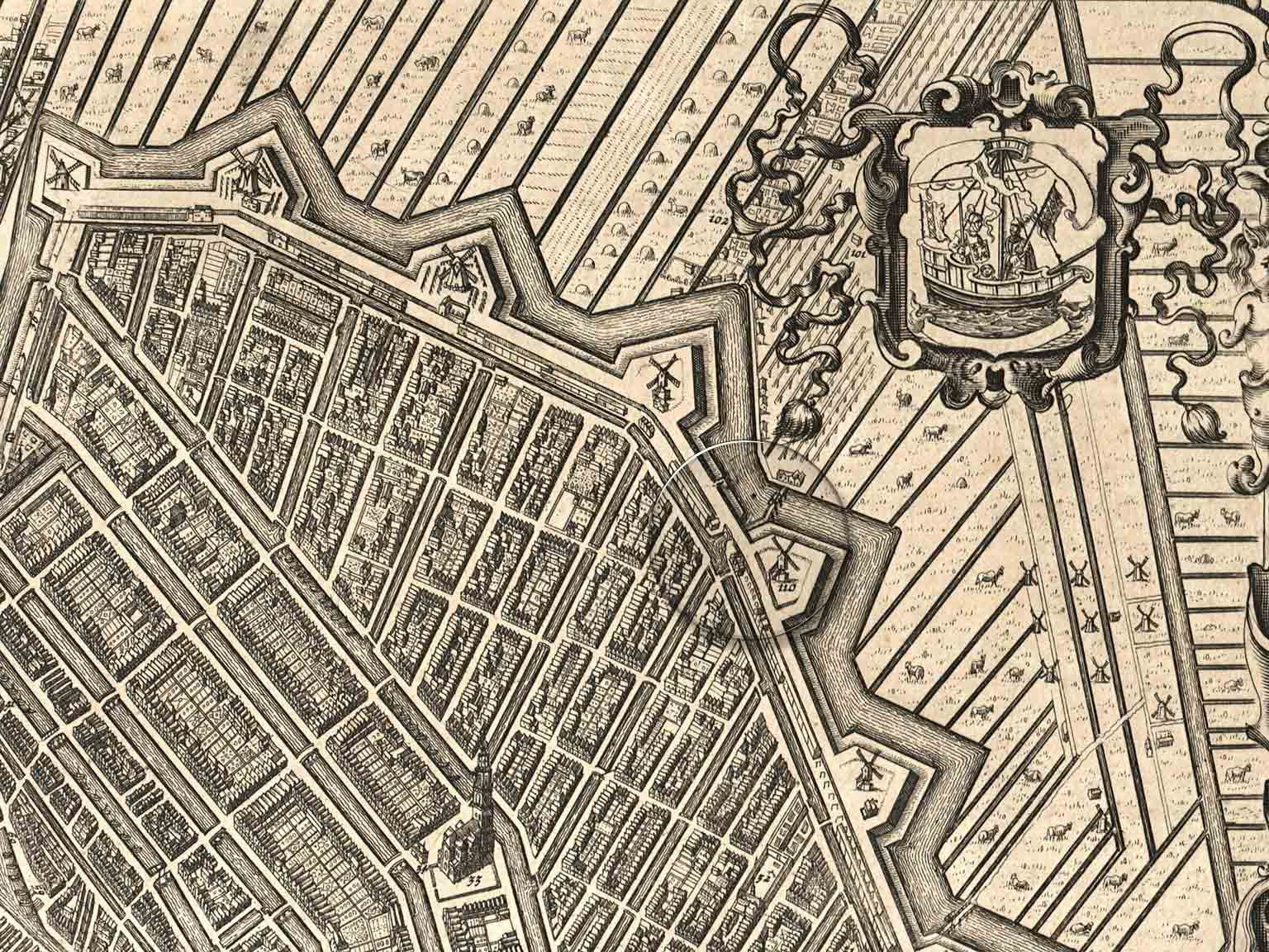 Bullebakssluis and Raampoort bridge, Amsterdam, detail of a map from 1657 by Johannes Janssonius