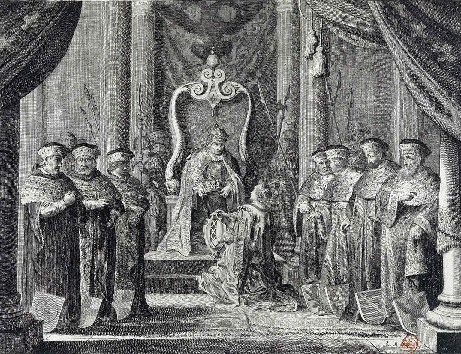Keizer Maximiliaan I die de kroon aan de Amsterdamse stedemaagd geeft