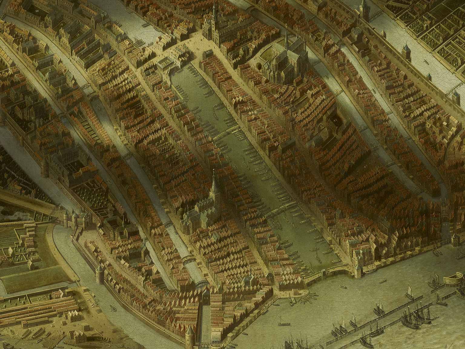 Amsterdam in 1544, detail van een schilderij van Jan Micker, Damrak in het midden