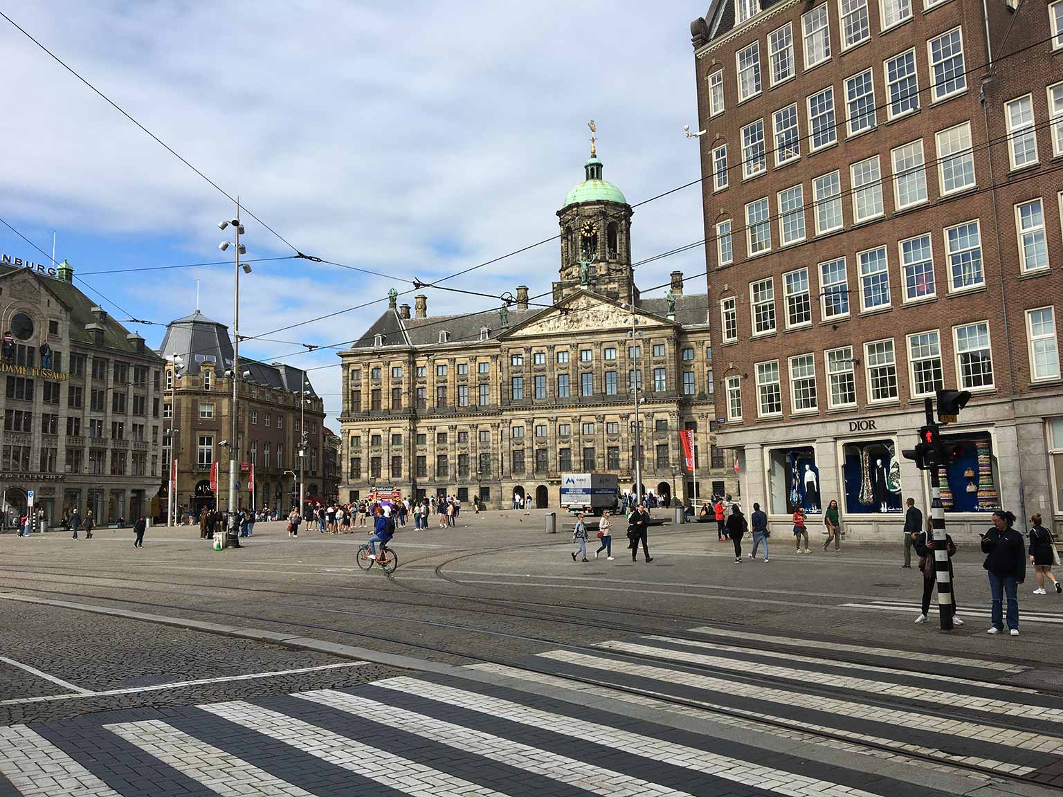 Looking from Damrak to Dam square, Amsterdam, Damrak 100 on the right