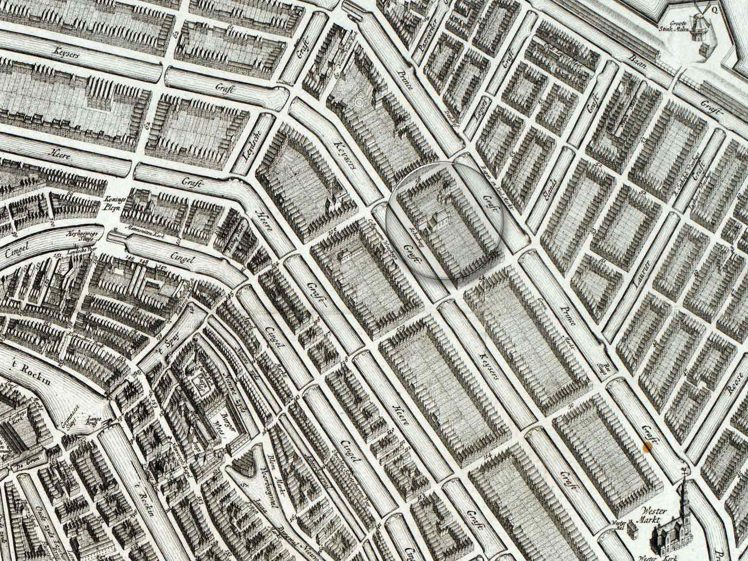 De oude Stadsschouwburg op de Keizersgracht, Amsterdam, detail van een kaart uit 1737 van Gerrit de Broen