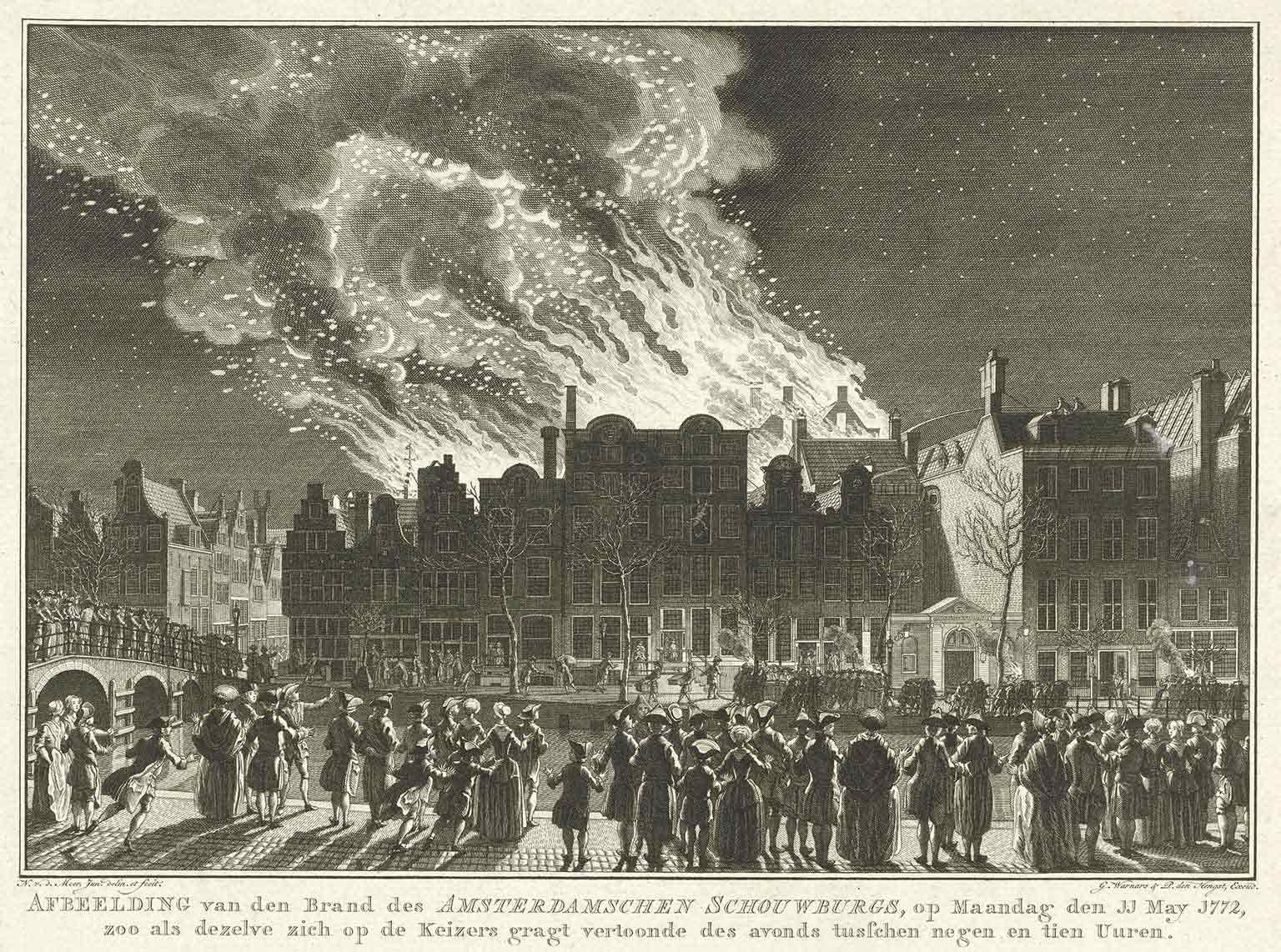 Brand in de oude Amsterdamse stadsschouwburg in 1772, gravure van Noach van der Meer