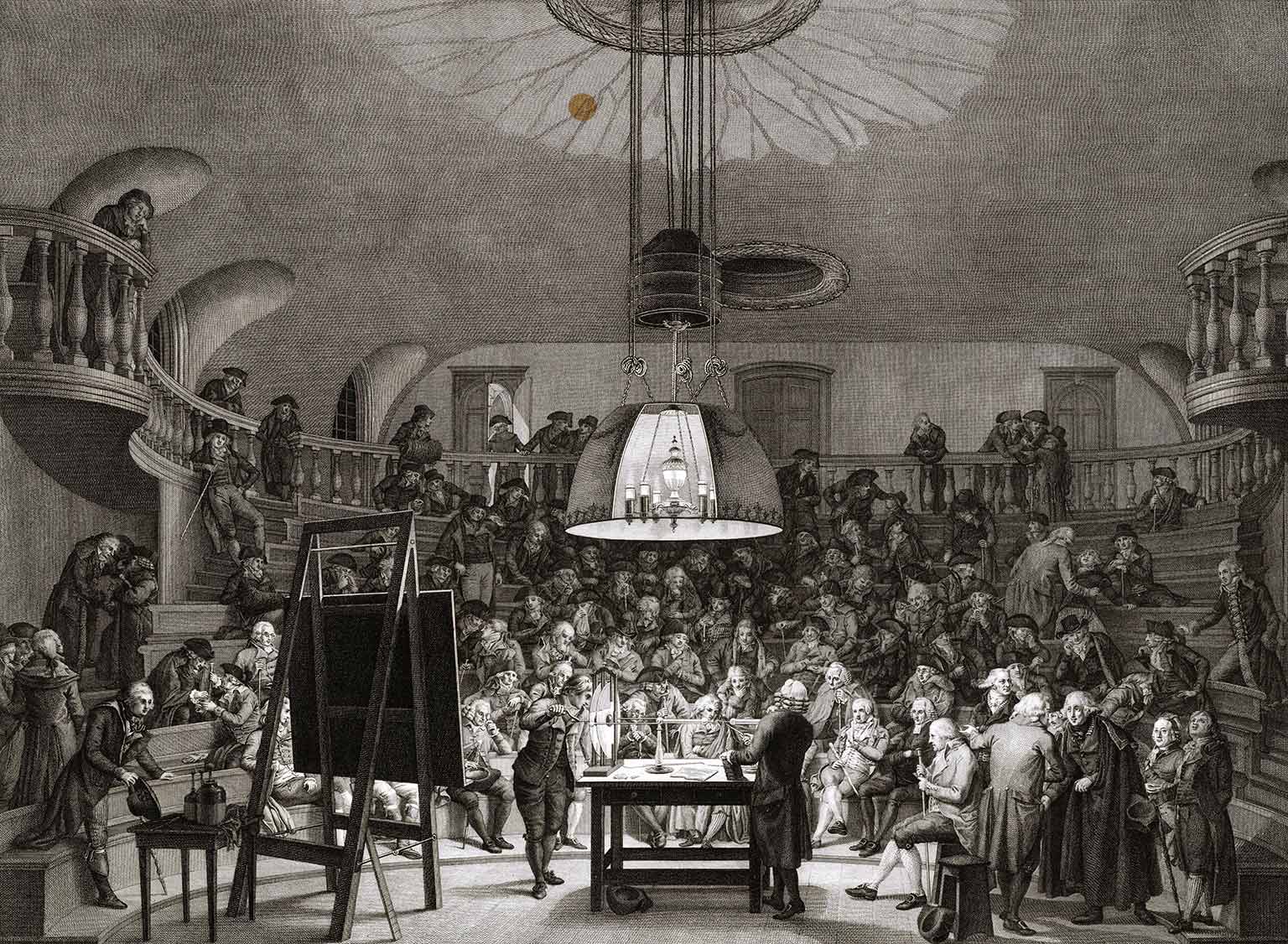 Natuurkundezaal in Felix Meritis, Amsterdam, gravure uit 1801