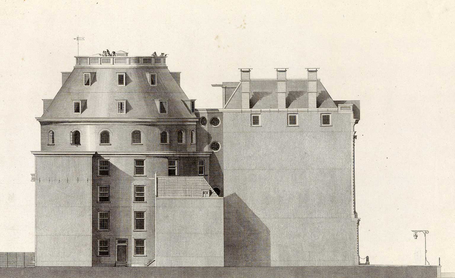 Side view of Felix Meritis, Amsterdam, etching from between 1789 and 1799