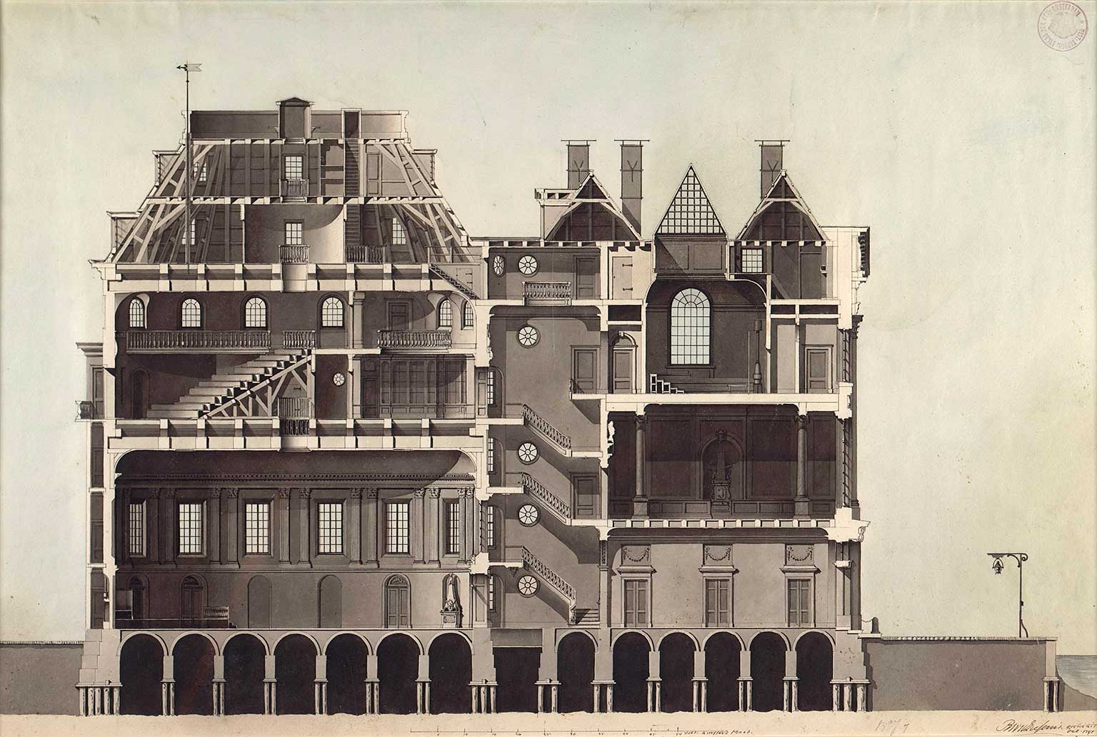 Side view cross section of Felix Meritis, Amsterdam, drawing from around 1790 