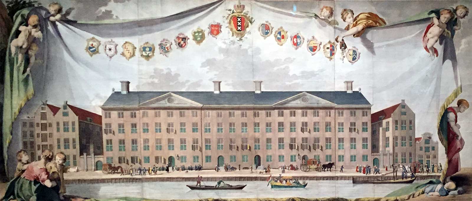 Adorned drawing of the Aalmoezeniers­weeshuis in Amsterdam (Orphanage)