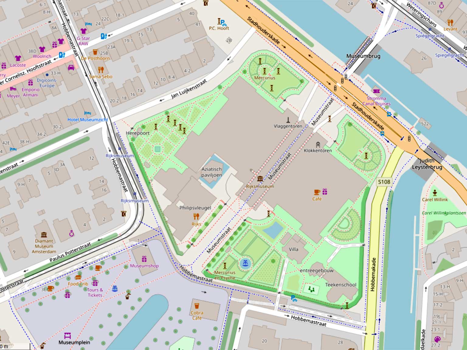 Kaart van het Rijksmuseum, Amsterdam, met Museumstraat en tuinen