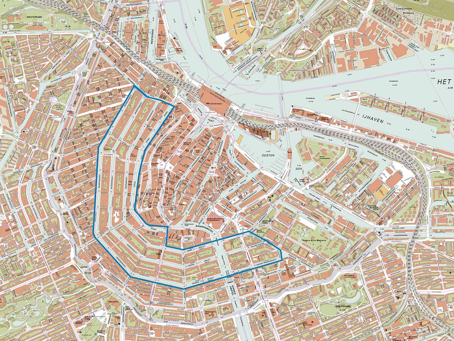 De Amsterdamse grachtengordel omlijnd op de kaart