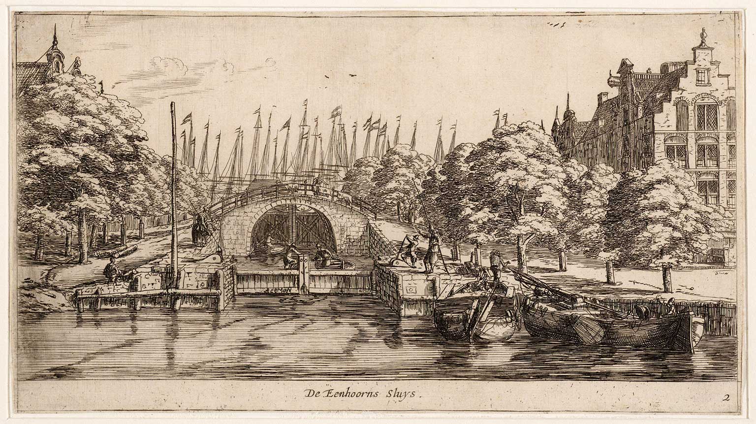 Eenhoornsluis op de Korte Prinsengracht, gezien vanaf de Brouwersgracht. Gravure uit 1659 van Reinier Nooms