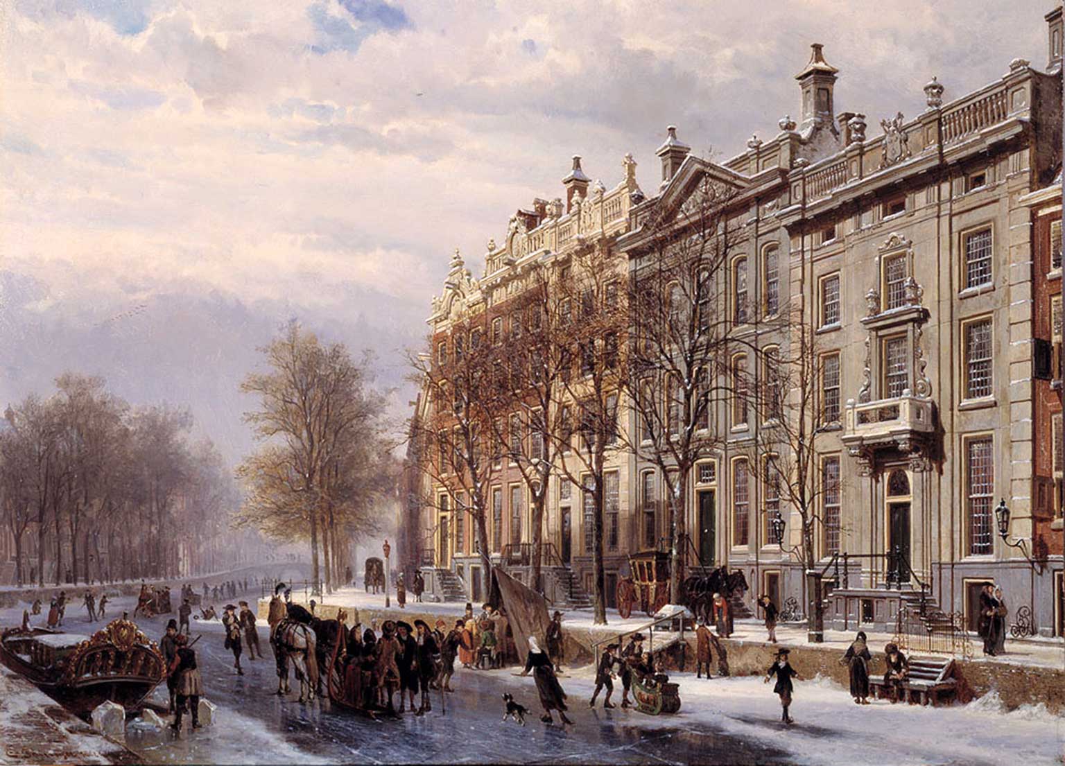 Bocht in de Herengracht, Amsterdam, in de winter, schilderij van Cornelis Springer