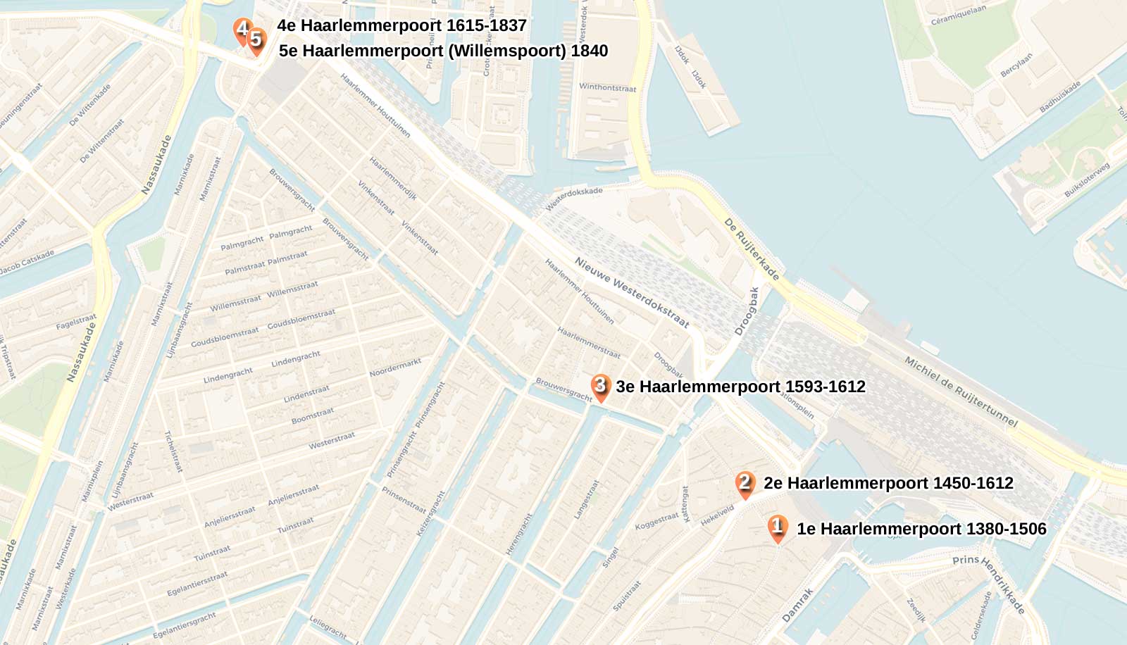5 consecutive Haarlem Gates (Haarlemmerpoorten) of Amsterdam on the map