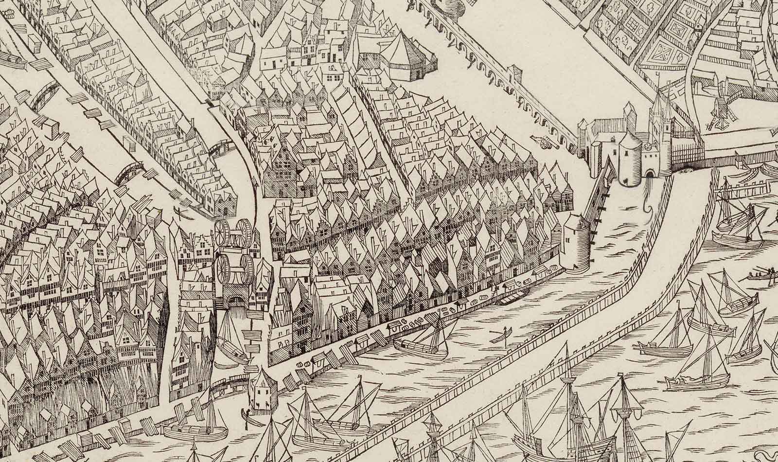De eerste en tweede Haarlemmerpoort in Amsterdam, detail van een kaart uit 1538 van Cornelis Anthonisz