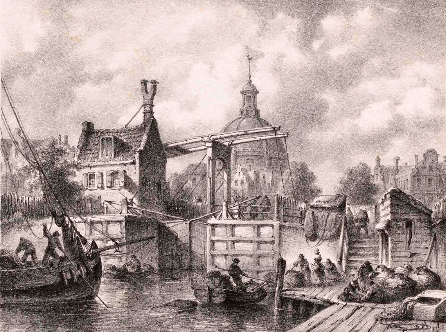 De noordkant van de Haarlemmersluis, Amsterdam, prent uit 1858 van Johannes Hilverdink