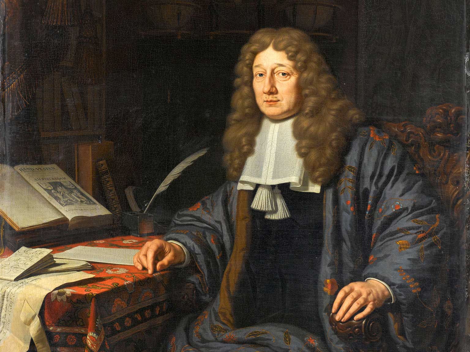 Portret van Johannes Hudde, detail van een schilderij van Michiel van Musscher uit 1686