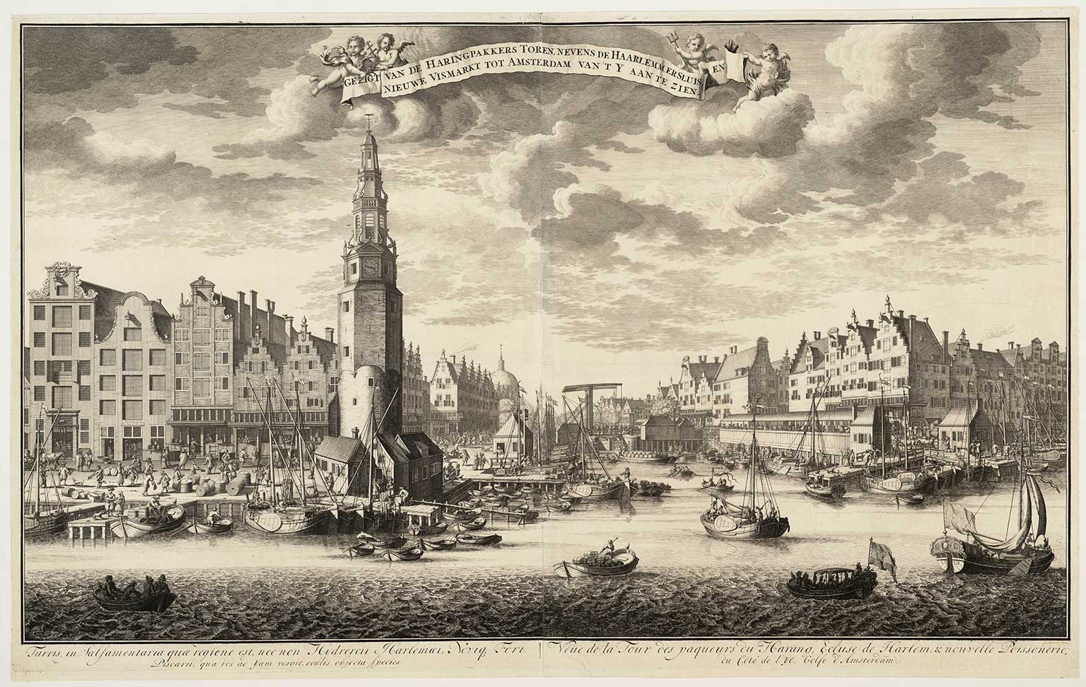 Haringpakkerstoren en Nieuwe Vismarkt, Amsterdam, gravure van tussen 1700 en 1750