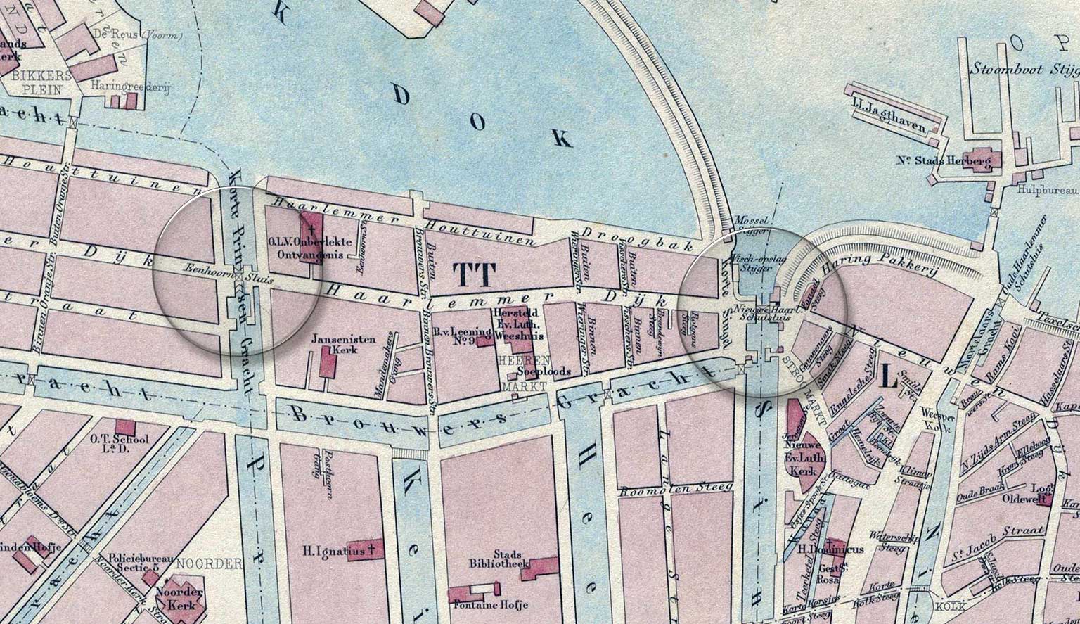 Detail of a map from 1867 with Eenhoornsluis and Haarlemmersluis, Amsterdam