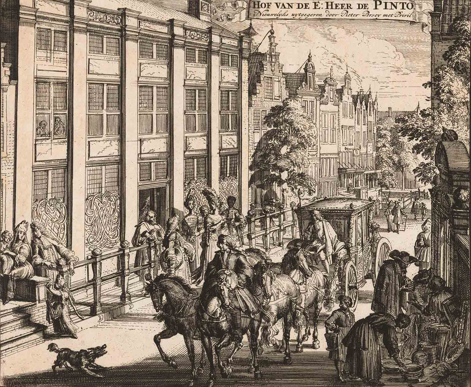 Huis De Pinto op de Sint Antoniesbreestraat, Amsterdam, in 1695, ets van Romeyn de Hooghe