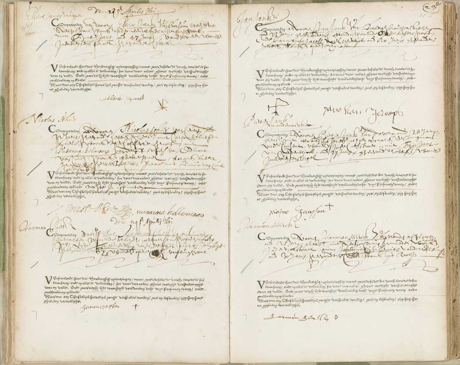 Boek met de vermelding van de ondertrouw van Nicolaes Sohier en Susanna Hellemans in april 1621, Amsterdam