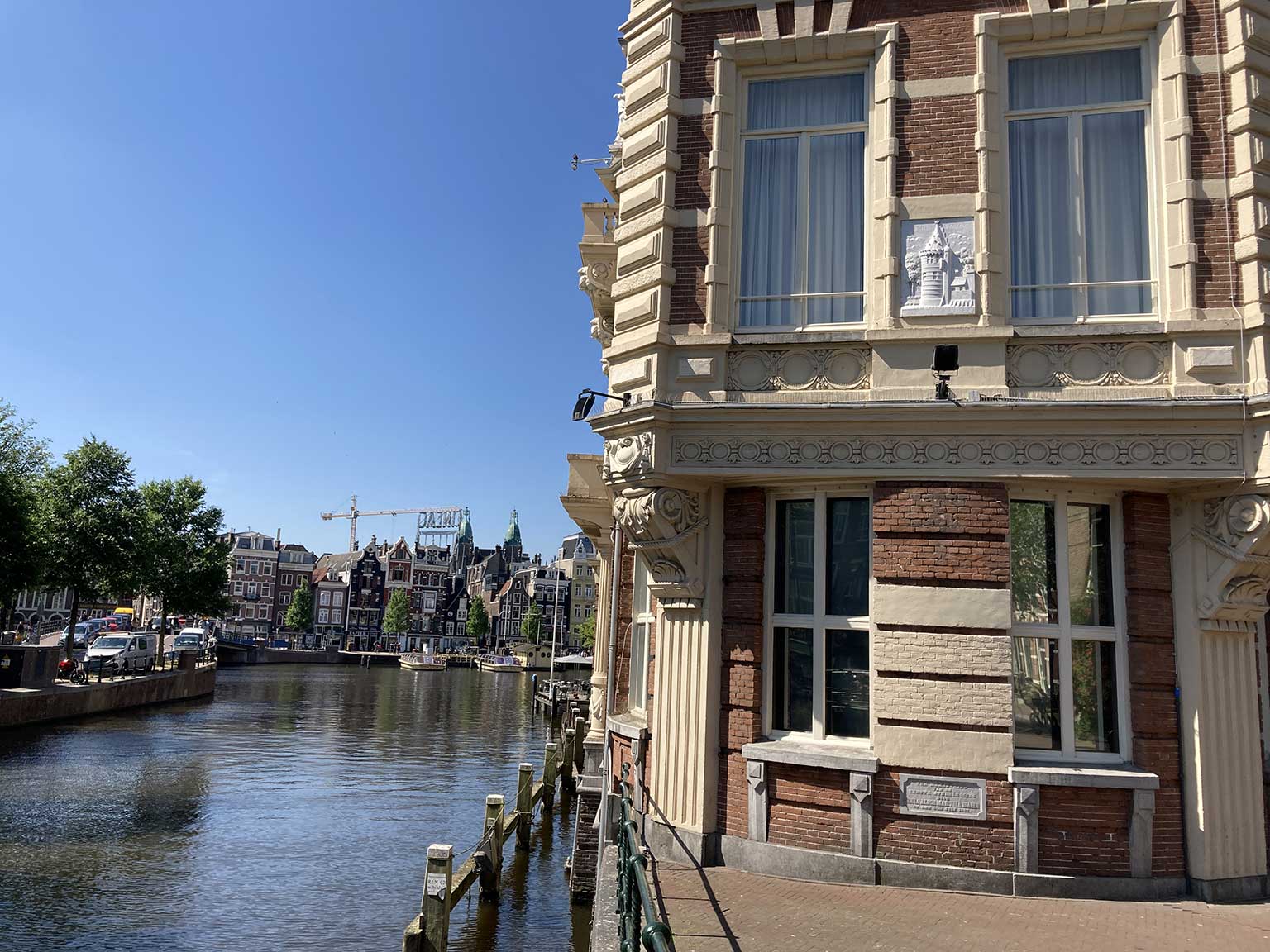 Doelen Hotel at the corner of the Nieuwe Doelenstraat, Amsterdam, looking towards the Amstel river
