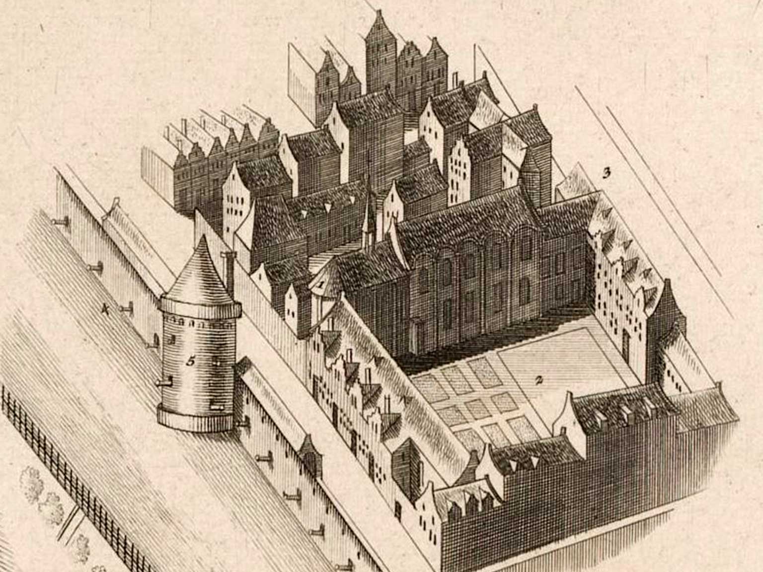 Tekening van het Bethaniënklooster te Amsterdam in 1544