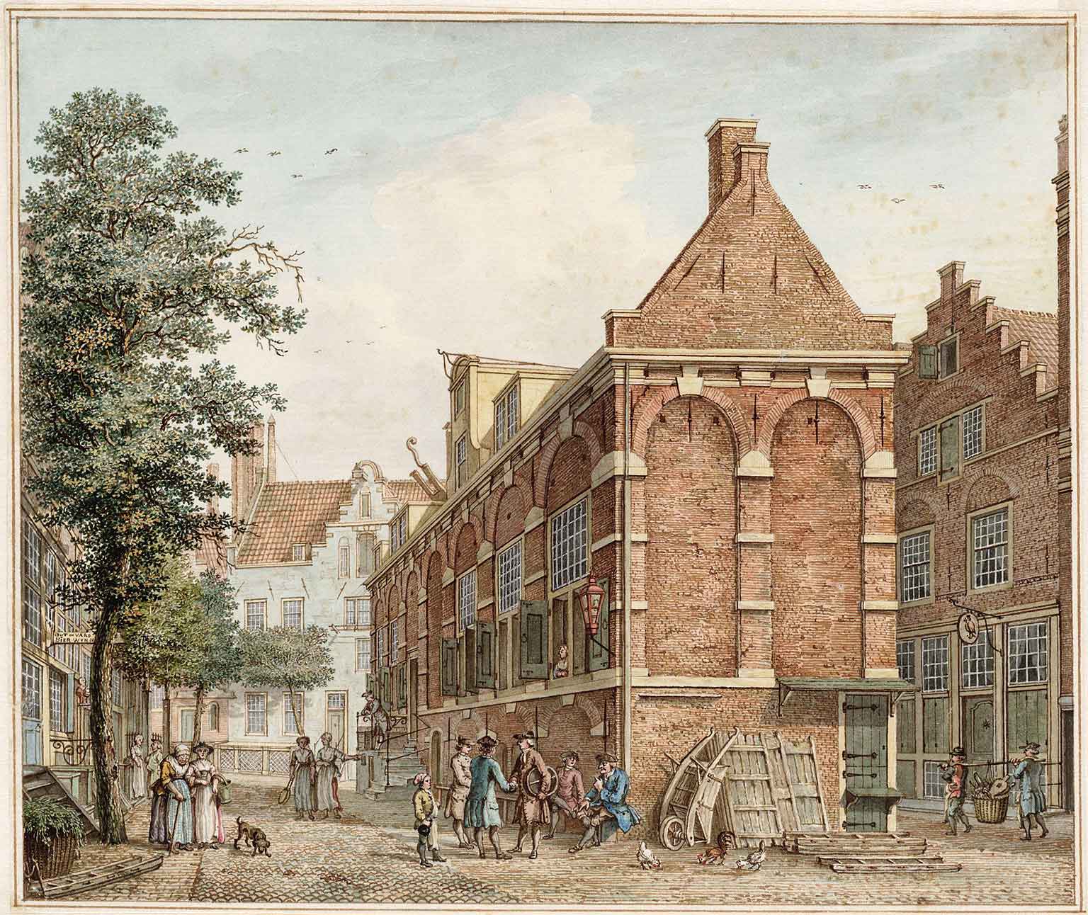 Korenmetershuis on Nieuwezijds Kolk 28 in 1780, watercolor by Herman Schouten