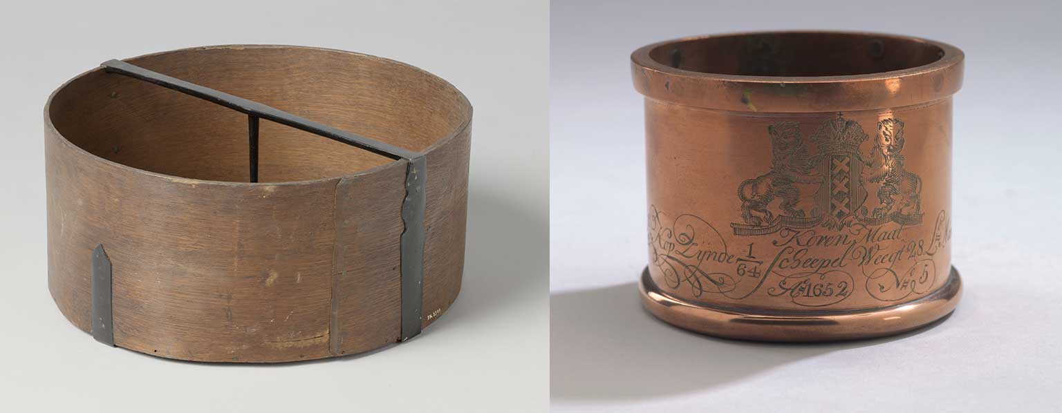 A grain measurer's bushel and an Amsterdam grain measurement cup from 1652