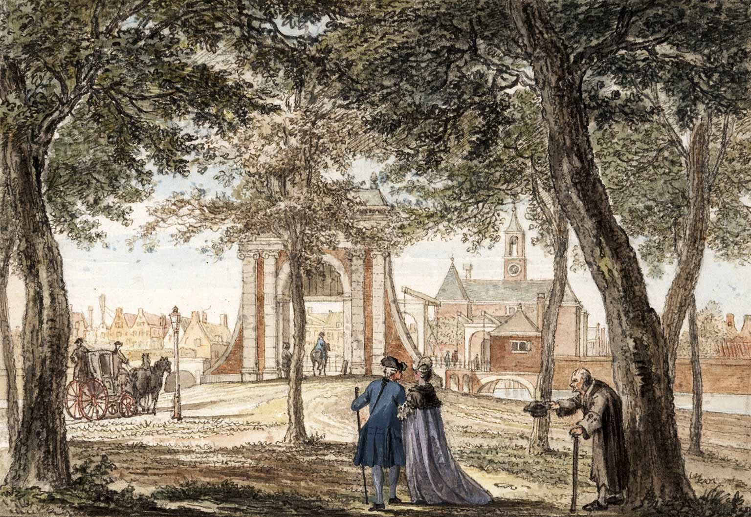 Leidsepoort, Amsterdam, seen from Leidsebosje. Drawing from 1769 by Reinier Vinkeles